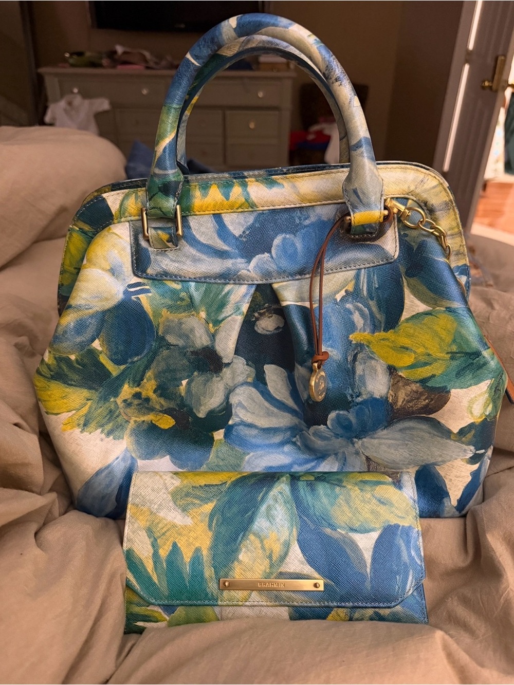 Brahmin Blue and Yellow Floral Satchel with Matching Wallet